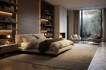 Contemporary bedroom design featuring a fireplace. Generative AI