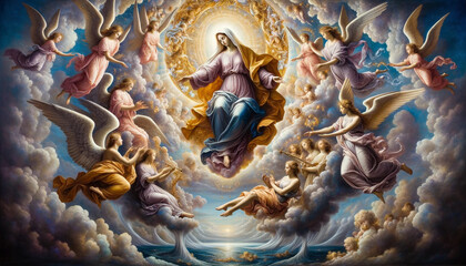 The Assumption of the Blessed Virgin Mary into Heaven Accompanied by Angels : A Divine Transition - obrazy, fototapety, plakaty