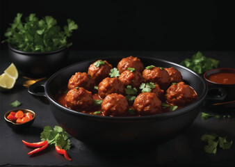 Veg Manchurian Gravy Balls in black bowl isolated on white