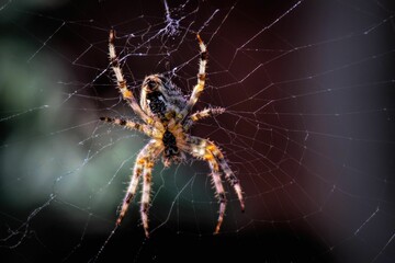 Close-up of a European garden spider spinning its web with  insect caught in the center