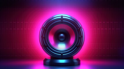 Sound speaker on illuminated neon light background. AI generated image - obrazy, fototapety, plakaty