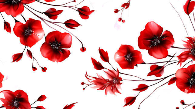 seamless red floral water color pattern on white background