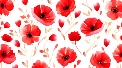 seamless red floral water color pattern on white background - obrazy, fototapety, plakaty