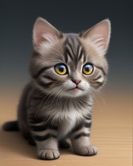 Tiny Hyper-Realistic Kawaii Cat with Plain Background. 