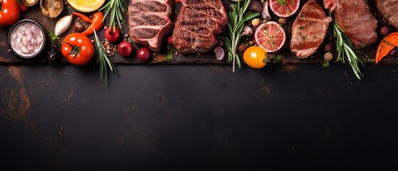 An enticing flat lay of a grilling concept, featuring an array of meats, marinades, and skewers,...