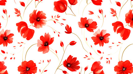 seamless red floral water color pattern on white background