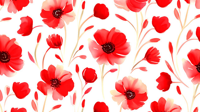 seamless red floral water color pattern on white background