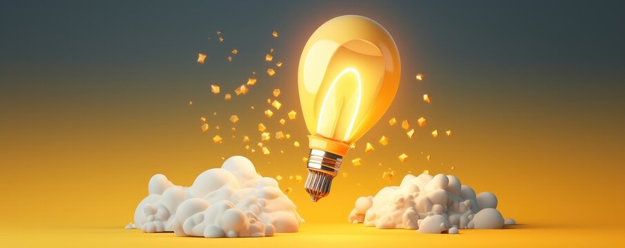 Light yellow bulb with a lot of ideas brainstorming concept, rocket panorama. Generative Ai
