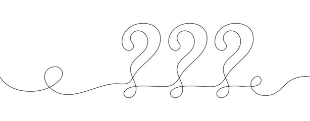 Three questions marks in continuous line style. Question mark continuous line art. FAQ concept vector. Interrogation symbols for expressing problems or difficulty.