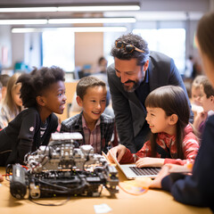 Elementary school coding: Teacher demonstrates mechanical robot programming to young students, Generative AI