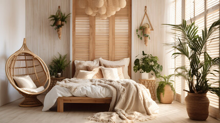 Country wooden bedroom close up boho style