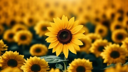 Field of ordinary sunflowers and one colorful sunflower. Friendship and tolerance concept. To be yourself, to be unique. Generative AI