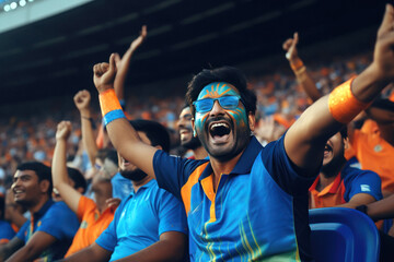 young man and excited audience celebrating and screaming while watching cricket match at stadium