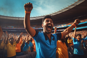 young man and excited audience celebrating and screaming while watching cricket match at stadium - obrazy, fototapety, plakaty