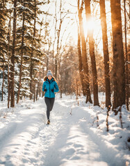 Person running on a snowy trail in a park. Person dressed in a blue jacket, black pants and white beanie. Trail is flanked by trees. Peacefulness and solitude.
