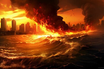 AI generated illustration of an urban area engulfed in flames and smoke on the coastline of an ocean - obrazy, fototapety, plakaty
