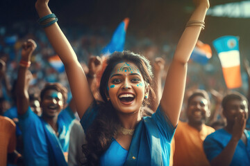 Young girl screaming by showing hand gestures and signs while watching cricket match at stadium. - Powered by Adobe