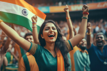 Young girl screaming by showing hand gestures and signs while watching cricket match at stadium.
