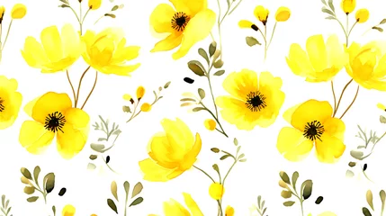 Foto auf Glas seamless yellow floral water color pattern on white background © DesignBee