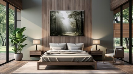 Fototapeta premium Mockup frame in cozy beige bedroom interior background.