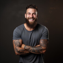 Man with a beard smiling happily in a studio, showing off his perfect look, Generative AI