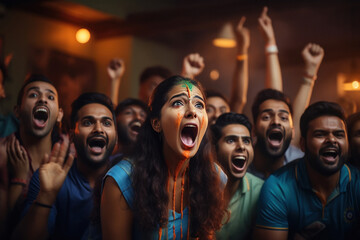 excited audience celebrating and screaming while watching cricket match on television. - obrazy, fototapety, plakaty