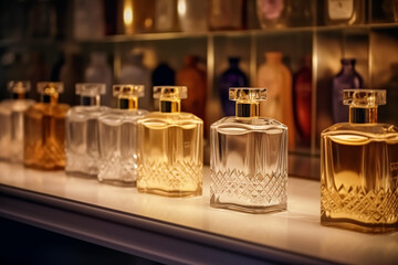 Luxury fragrance bottles at perfume scent at presentation event, bespoke perfumery and beauty product sale, generative ai