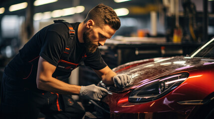 Unrecognisable car detailing specialist using heat gun to glue colourful car wrap to car paint. Indoor medium shot. - obrazy, fototapety, plakaty