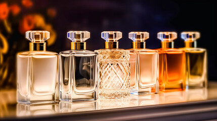 Luxury fragrance bottles at perfume scent at presentation event, bespoke perfumery and beauty product sale, generative ai - obrazy, fototapety, plakaty