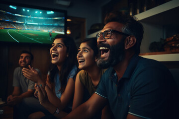 young man and excited audience celebrating and screaming while watching cricket match at stadium - obrazy, fototapety, plakaty