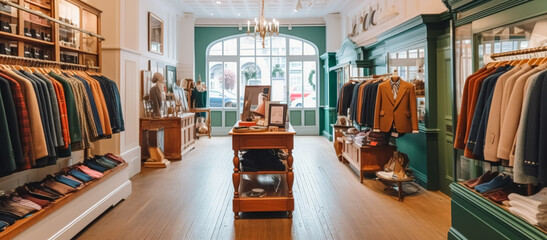 High street retail, small business and commercial interior, fashion store in the English countryside style, elegant country clothing shop showroom and luxurious boutique in the old town, generative ai