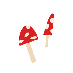 Two Toadstools Isolated on White. Fly Agaric Mushroom. Design Element. Vector Flat Illustration. Autumn Clip Art.