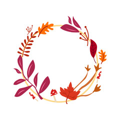 Fototapeta na wymiar Wreath of Autumn Leaves Isolated. Round Frame with Empty Space for Text. Cozy Leaf Fall. Vector Illustration. 
