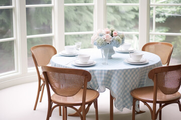 Country dining room decor with blue details, interior design and house improvement, elegant table with chairs, furniture and home decor, English cottage style, generative ai