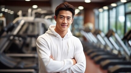 Naklejka premium handsome chinese young man in sport wear in sporting club