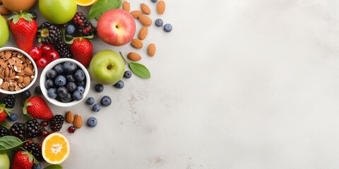 Engage in healthy cooking with a vibrant flat lay, featuring fresh fruits, nuts, and seeds, beautifully arranged with thoughtful empty space, viewed from above.