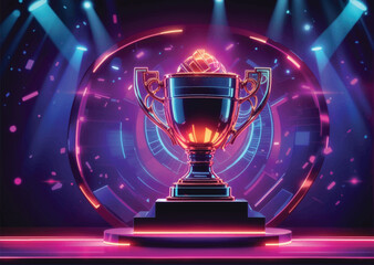 Trophy award. Champion winner cup, 3d gold soccer victory prize, tournament win golden confetti. Victory goblet