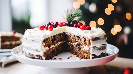 Fototapeta na wymiar Christmas cake, holiday recipe and home baking, pudding with creamy icing for cosy winter holidays tea in the English country cottage, homemade food and cooking