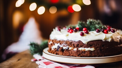 Christmas cake, holiday recipe and home baking, pudding with creamy icing for cosy winter holidays tea in the English country cottage, homemade food and cooking - obrazy, fototapety, plakaty