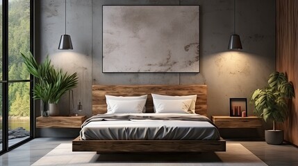 Mockup frame in cozy beige bedroom interior background.