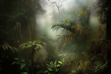 Misty rainforest ambiance portrayed in a digital artwork. Generative AI