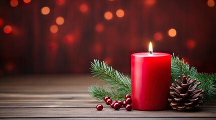A christmas candle with christmas decorations on a wooden table against a dark background and bokeh light effects