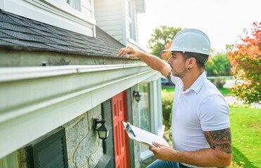 Man with a white hard hat holding a clipboard, inspect house roof