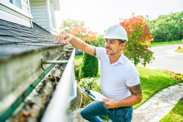 Man with a white hard hat holding a clipboard, inspect house roof