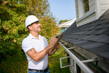 Man with a white hard hat holding a clipboard, inspect house roof