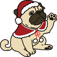 Simple and cute Christmas illustration of Pug waving hand outlined