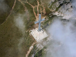 Top view of the Heroes' Cross monument on Caraiman Peak located in Romania, in the Bucegi...