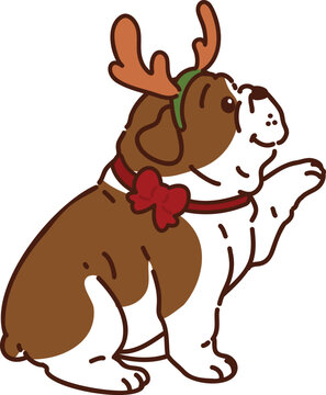 Simple and cute Christmas illustration of Bulldog sitting in side view