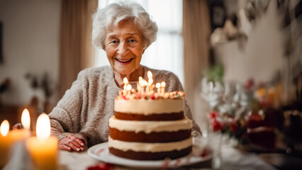 Una donna anziana festeggia il compleanno con una torta speciale II - obrazy, fototapety, plakaty