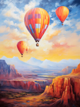 Landscape with beautiful balloons. Impressionism style oil painting.